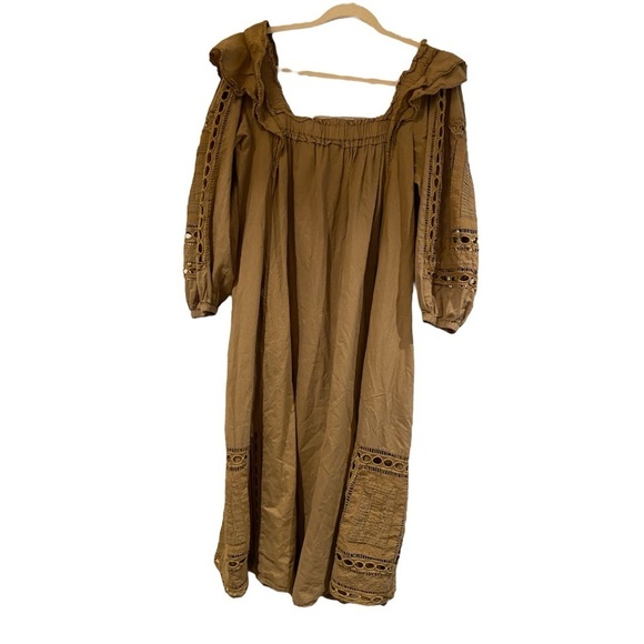 MARIA CHER / square neck khaki tan embroidered midi eyelet puff TUNIC DRESS S - Picture 1 of 8